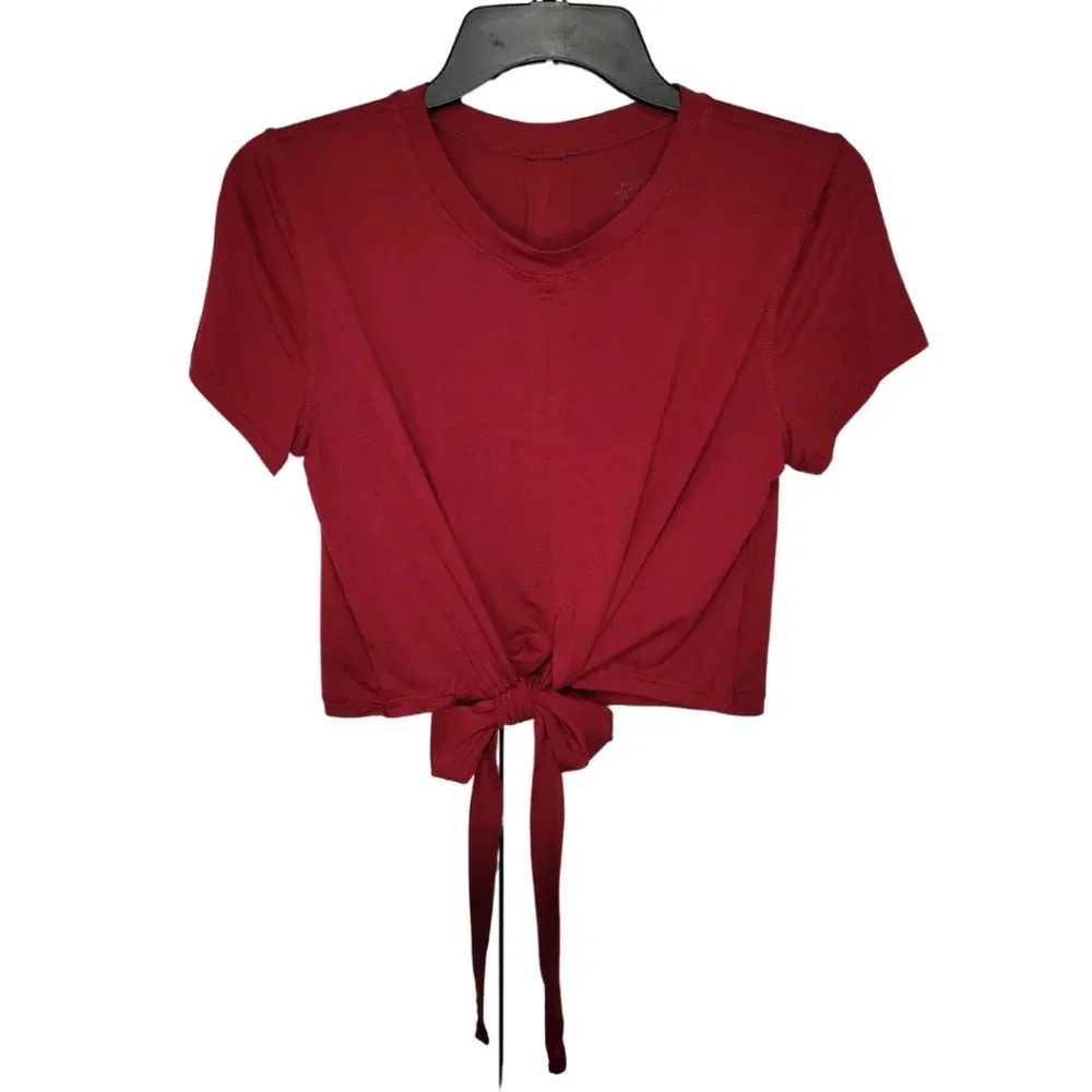 BURGUNDY Crop With Tie Waist Short Sleeve Top Women's Size Small